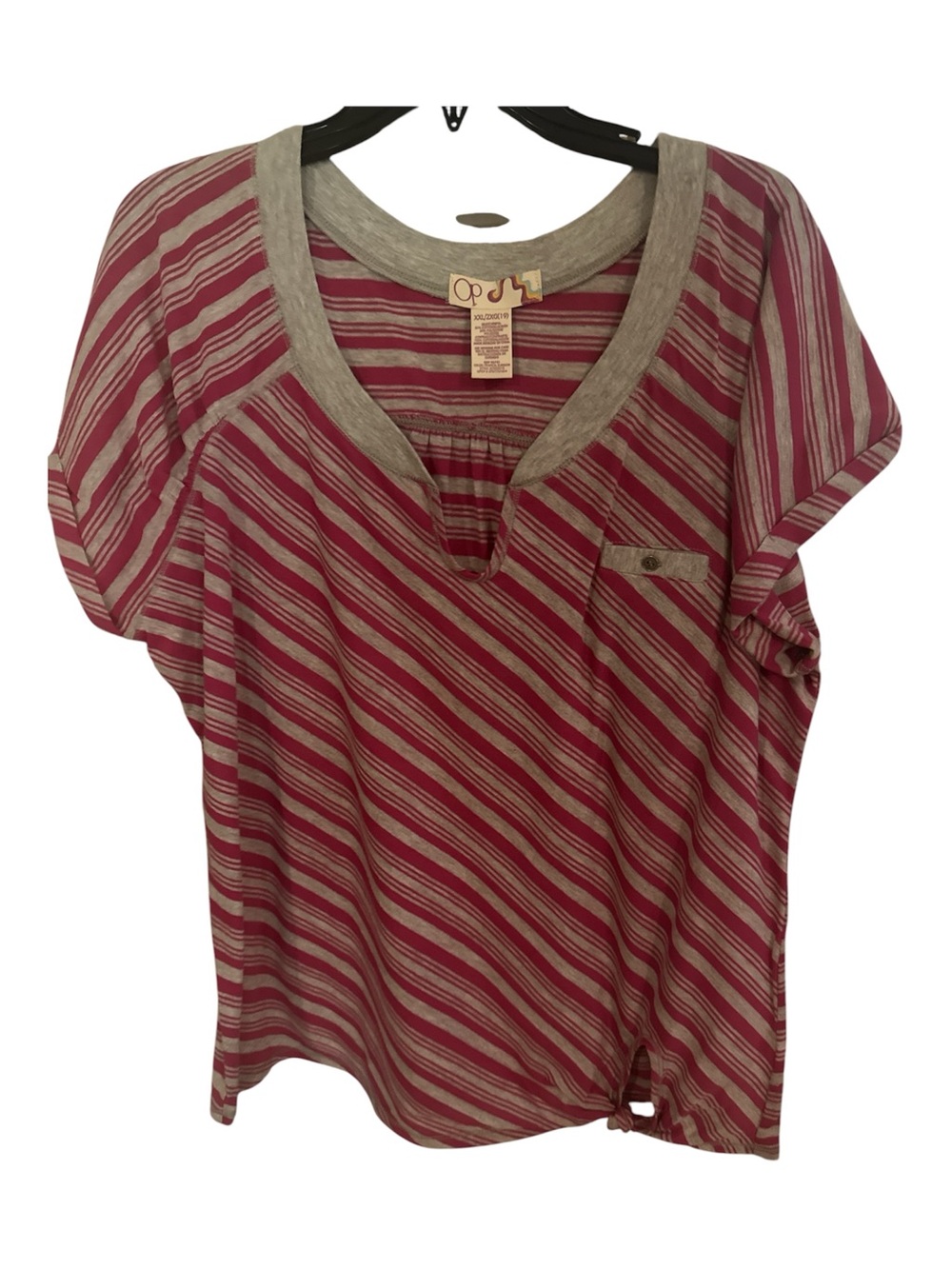 OP raspberry and Gray Striped V-Neck Short Sleeve Top